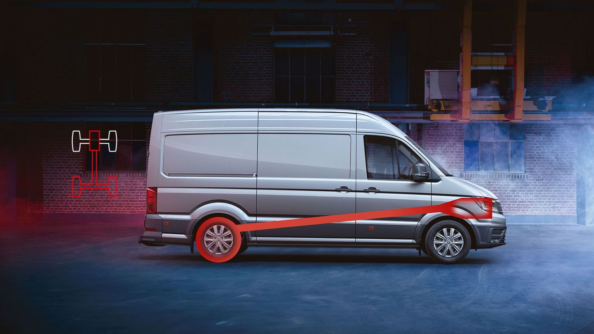 Ein Crafter Kastenwagen fährt dynamisch durch eine Innenstadt.
