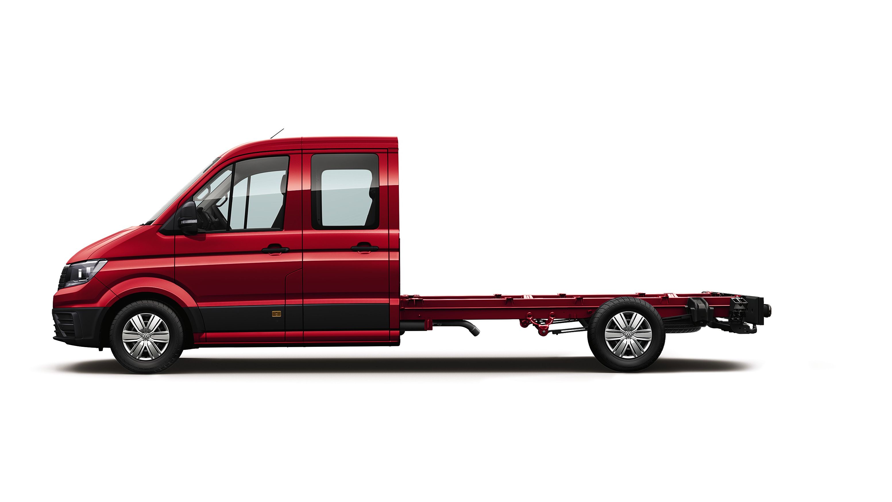 Der Crafter Pritschenwagen mit langem Radstand und Einzelkabine von der Seite.